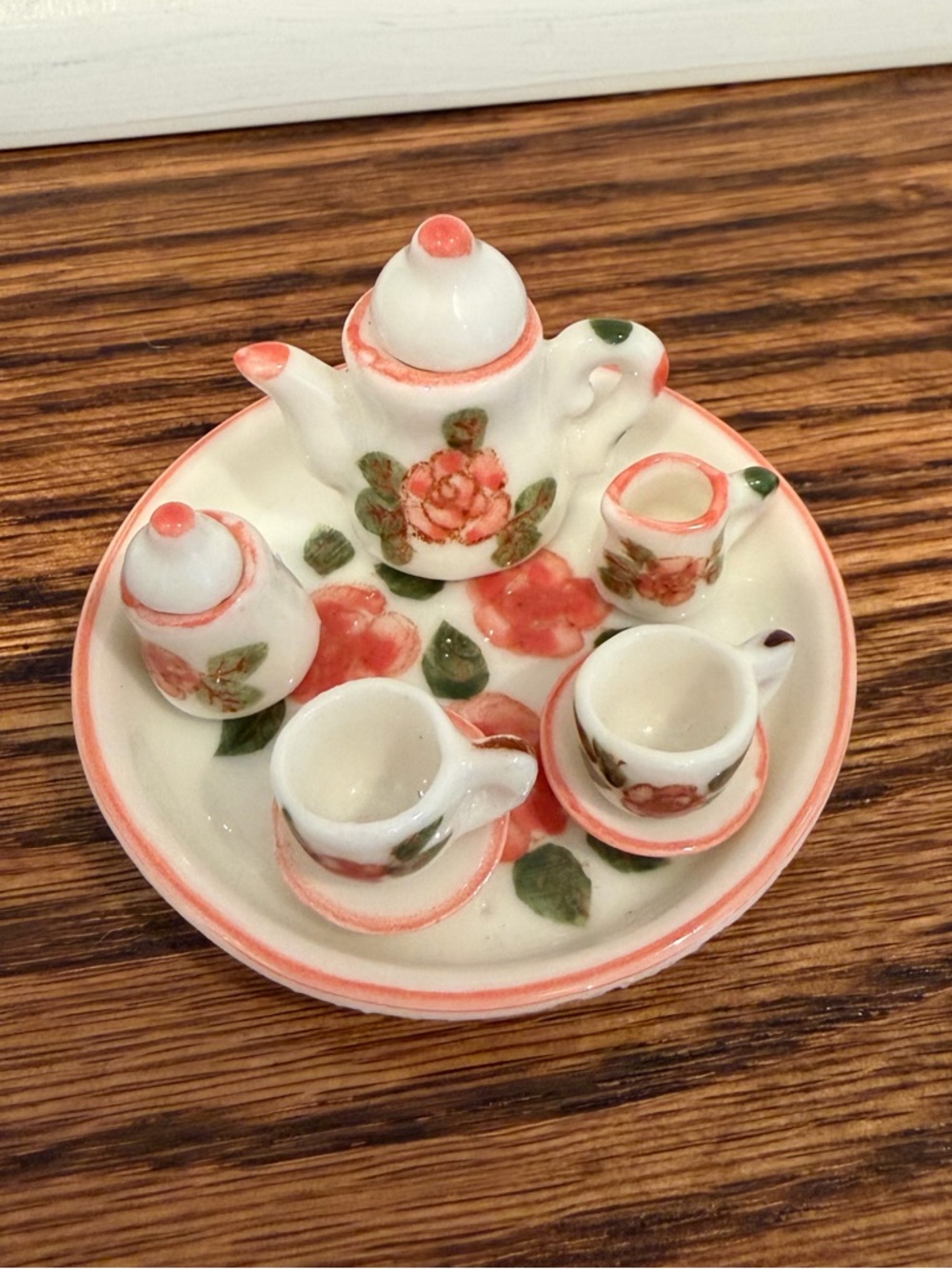 Vintage Dollhouse Mini Miniature Porcelain White Pink Rose Tea Set